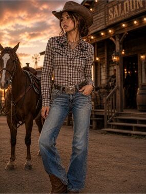 Y2K Dollhouse Western Plaid Shirt 🤎 Embroidered Cowgirl Top M/L